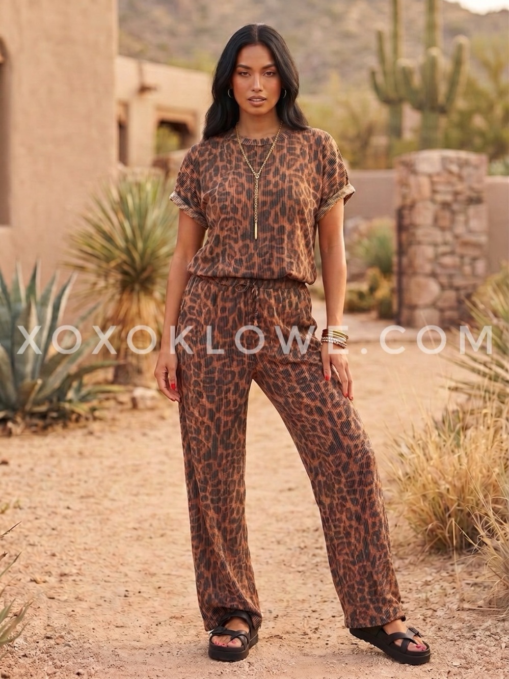 Cheetah Print Wide Leg 2 Piece Matching Pants Set | Animal Print Lounge - Picture 4 of 10